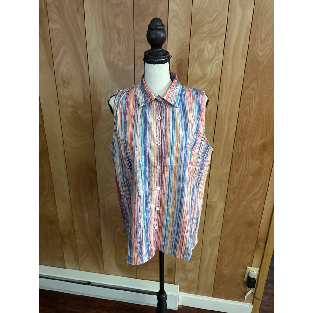 Flamingals Womens Multicolor Striped Sleeveless Button Down Shirt Size L
